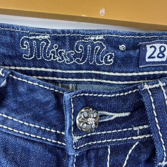Miss Me Jeans Size 28 Bradbury Skinny Denim Blue Bling Pockets Thick Stitch - Picture 4 of 5